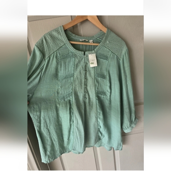 Cato Popover Blouse Sz 18/20 Plus Green Womens Cap 3/4 Sleeves Eyelet Dainty - Picture 8 of 12